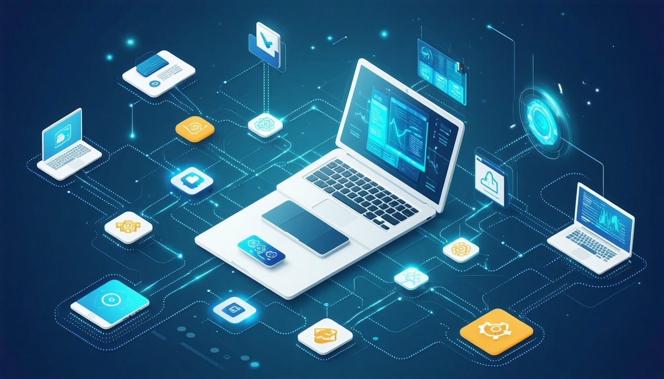 An illustration of interconnected online tools and services